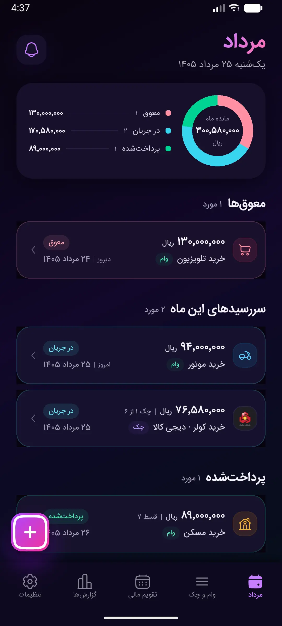 مالیار در حالت دارک مد: داشبورد با تم تیره