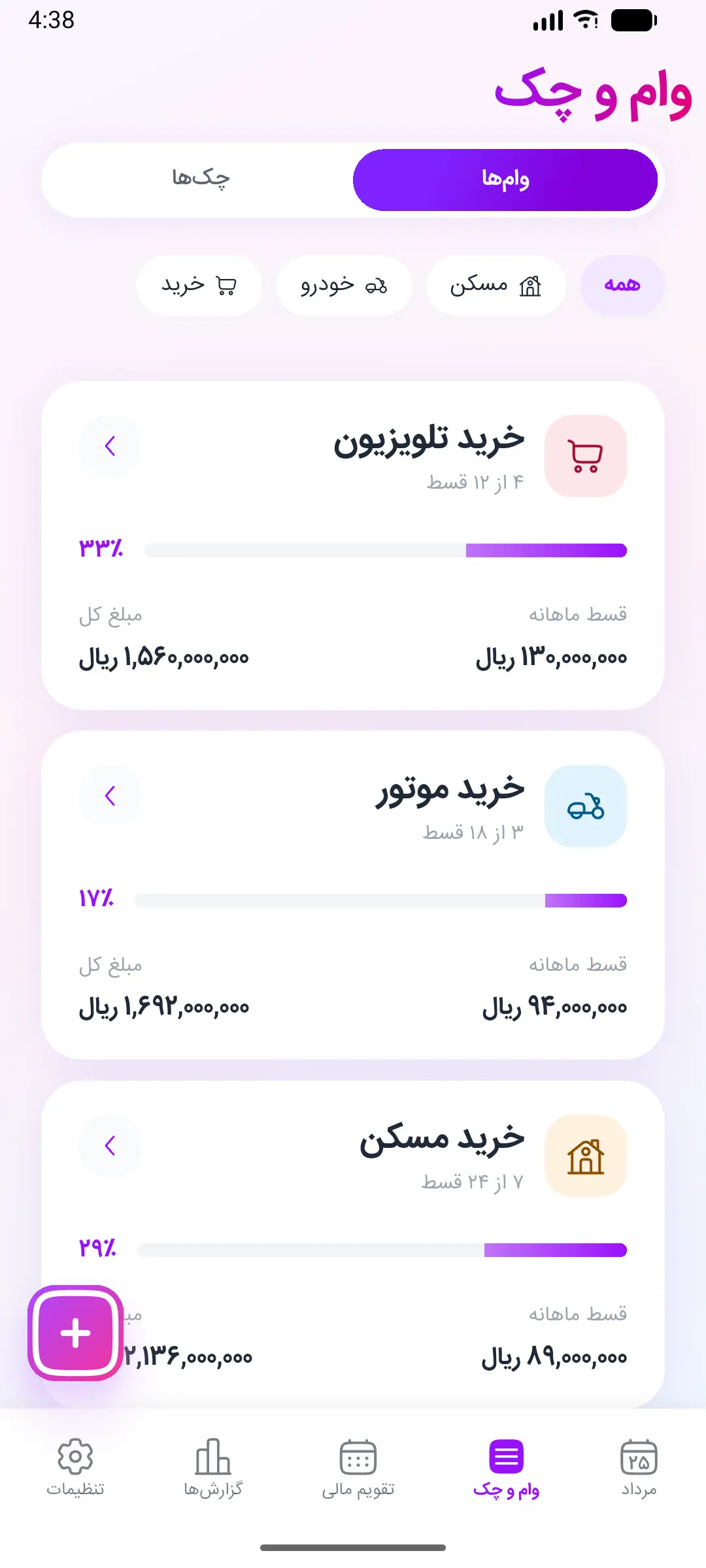 لیست وامهای مالیار با دستهبندی و نوار پیشرفت هر وام